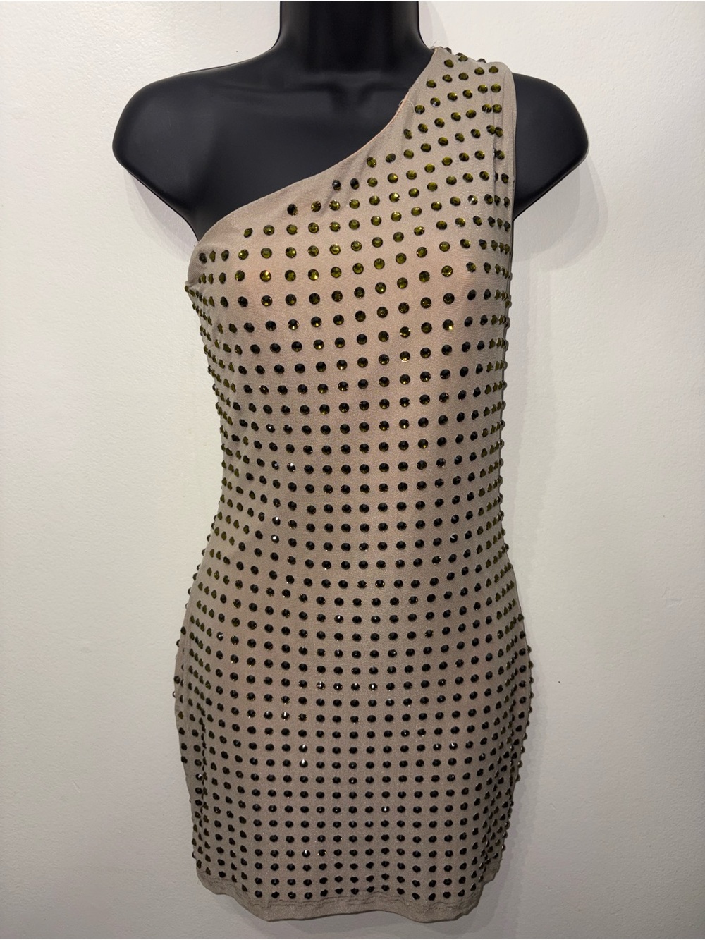 Taupe One-Shoulder open back Studded Bodycon Dress